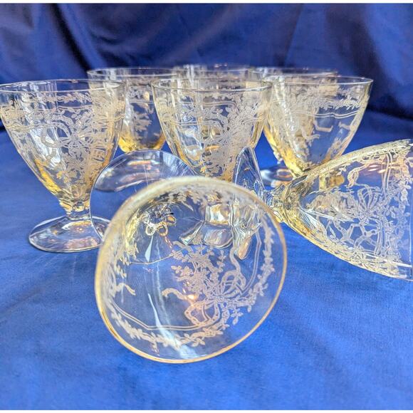 Vtg Fostoria June Topaz Yellow Cordial Dessert Glasses 8 Hand etched